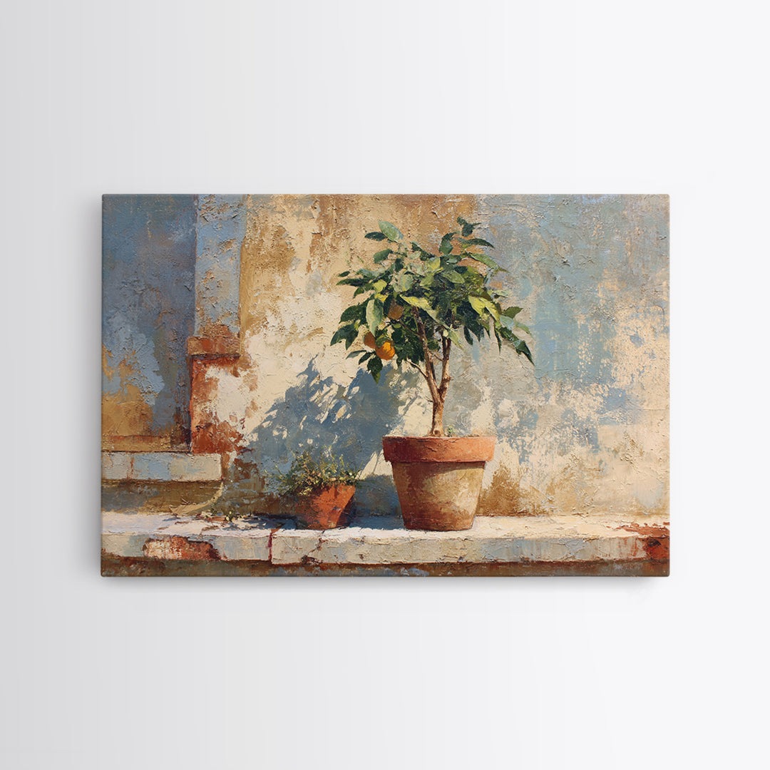 Citrus Tree in Clay Pot Canvas Print, Mediterranean Art, Digital Print, Living Room Decor, Fine Art, Azure, Coastal Decor, MAR-3x2-38