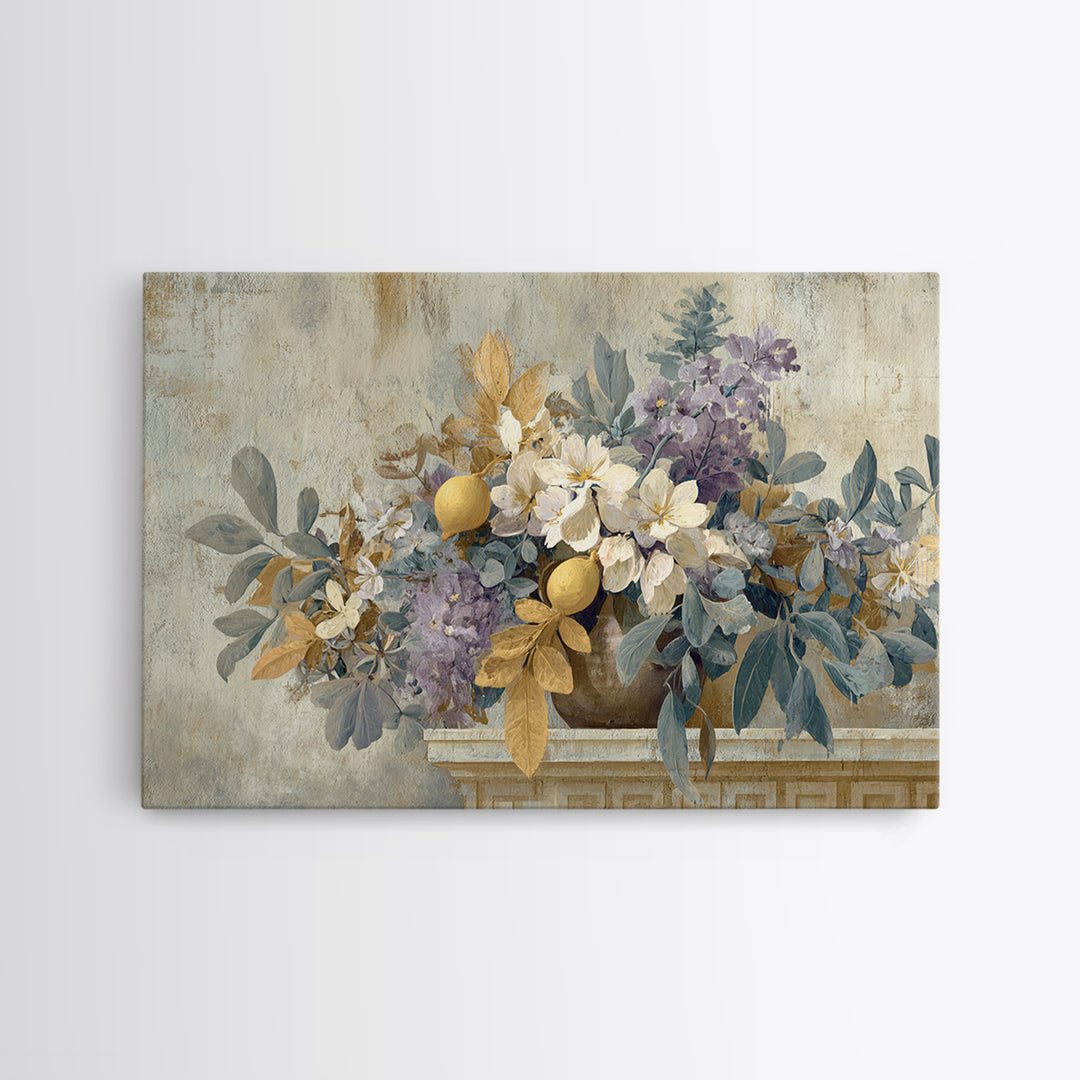 Greek Vase Modern Floral Design Canvas Print, Mediterranean Art, Digital Art Prints, Living Room Decor, Fine Art, Azure, MAR-3x2-43