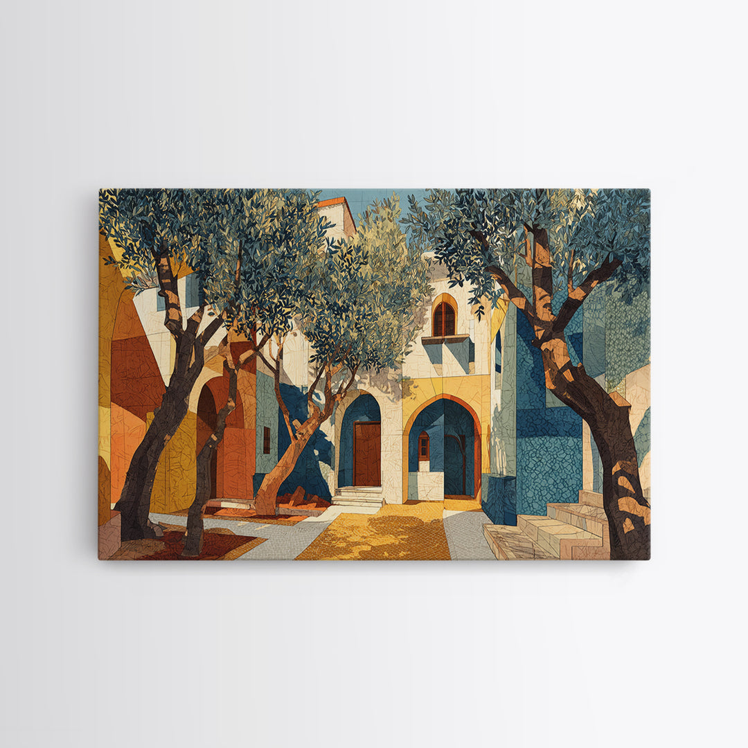 Olive Grove under Pale Morning Light Framed Canvas Print, Mediterranean Art, Nautical Decor, Living Room Decor, Fine Art, Azure, MAR-3x2-45