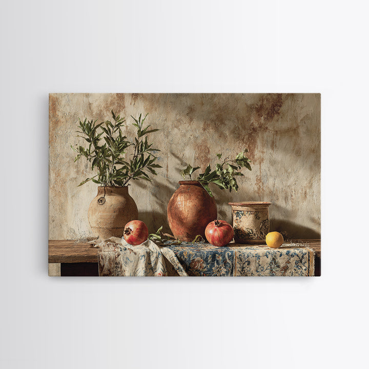 Pomegranate Still Life Framed Canvas Print, Mediterranean Art, Living Room Art, Living Room Decor, Oil Painting, Azure, MAR-3x2-47