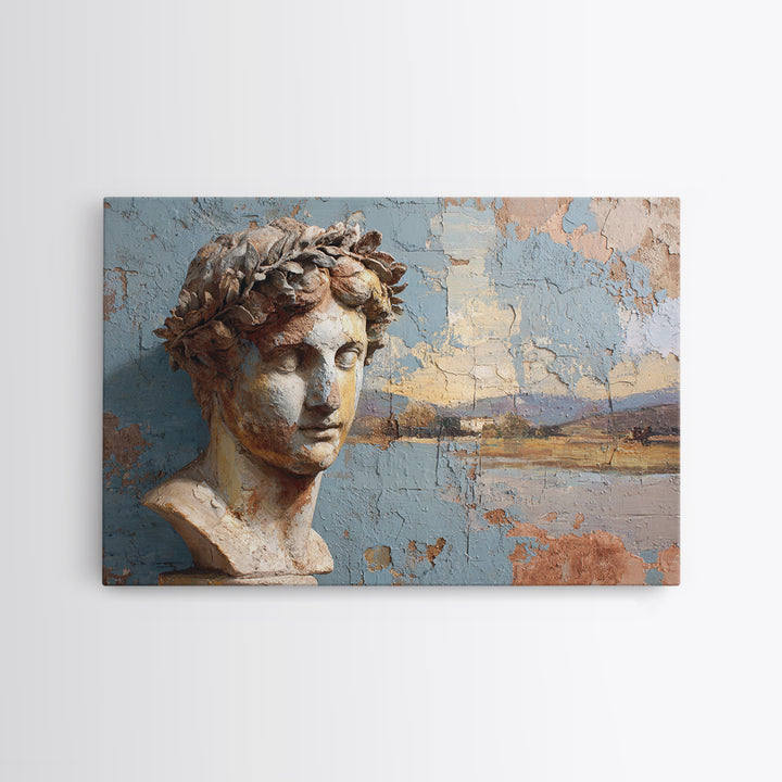Roman Statue Bust Framed Canvas Print, Mediterranean Art, Farmhouse Decor, Living Room Decor, Oil Painting, Azure, MAR-3x2-50