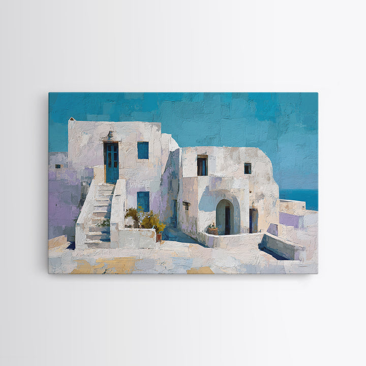 Greek Island White Buildings Above Blue Sea Canvas Print, Mediterranean Art, Digital Art Prints, Living Room Decor, Azure, MAR-3x2-53