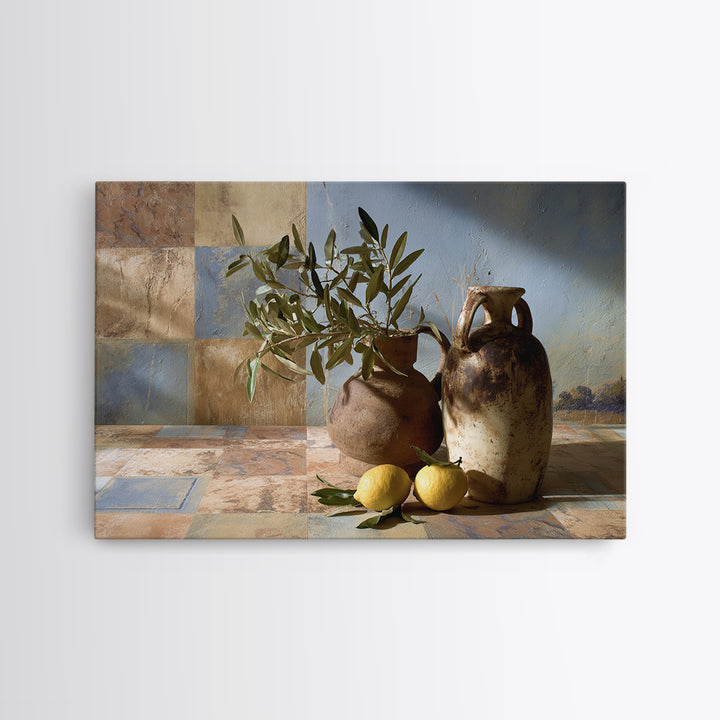 Olive Branch and Lemons on Terracotta Ground Canvas Print, Mediterranean Art, Horizontal Wall Art, Living Room Decor, Azure, MAR-3x2-54