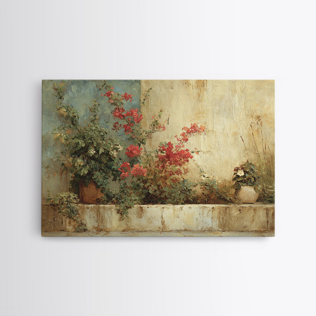 Bougainvillea Cascading over Stone Wall Canvas Print, Mediterranean Art, Watercolor Painting, Living Room Decor, Azure, MAR-3x2-57