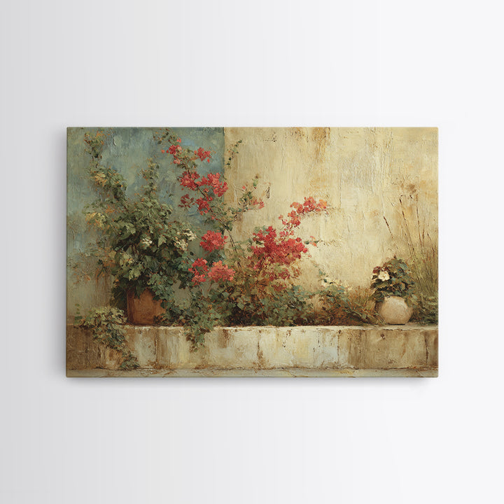 Bougainvillea Cascading over Stone Wall Canvas Print, Mediterranean Art, Watercolor Painting, Living Room Decor, Azure, MAR-3x2-57