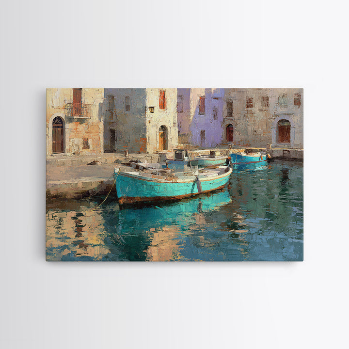 Coastal Fishing Boats Framed Canvas Print, Mediterranean Art, Beach Prints, Living Room Decor, Oil Painting, Azure, Art Print, MAR-3x2-59