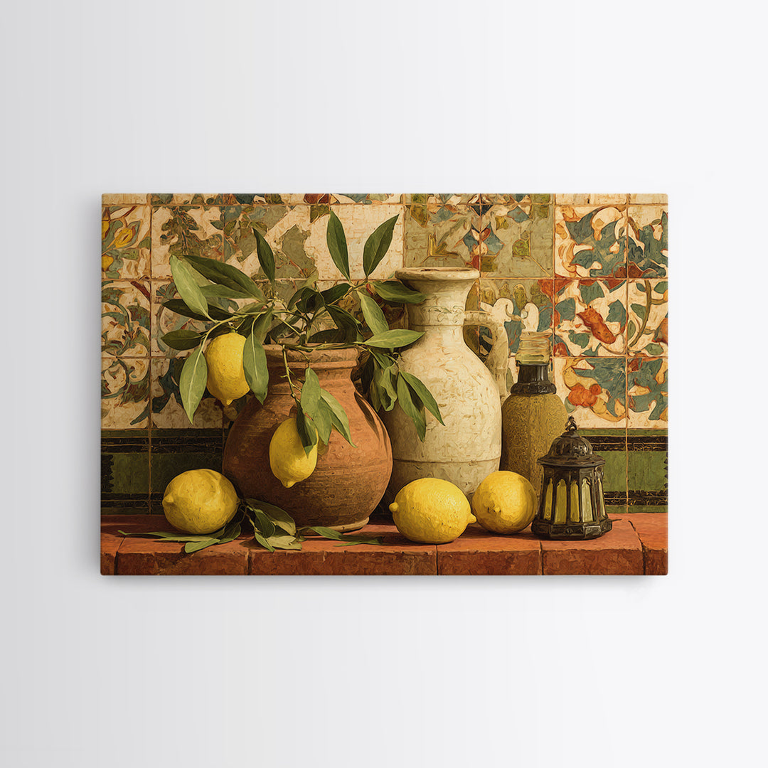 Olive Branch and Lemons on Terracotta Ground Framed Canvas Print, Mediterranean Art, Large Wall Art, Living Room Decor, Azure, MAR-3x2-6