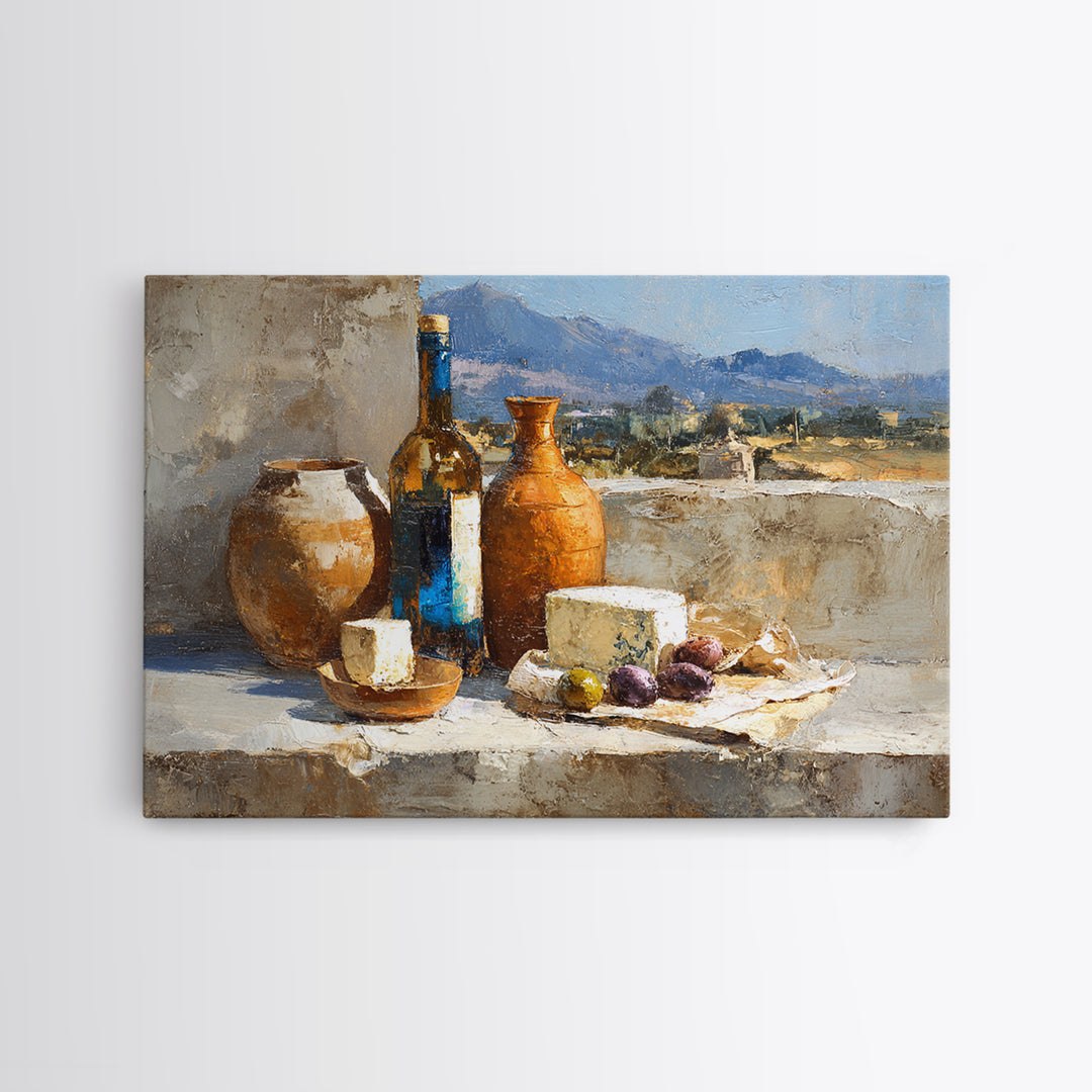 Figs Olives and Cheese Still Life Framed Canvas Print, Mediterranean Art, Minimalist Wall Art, Living Room Decor, Azure, MAR-3x2-60