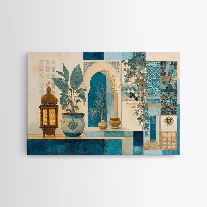 Moroccan Influenced Lantern Canvas Print, Mediterranean Art, Modern Wall Art, Living Room Decor, Oil Painting, Azure, MAR-3x2-61
