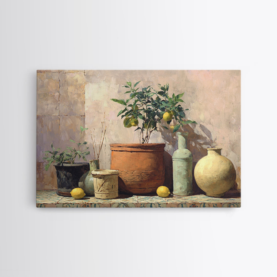 Citrus Tree in Clay Pot Canvas Print, Mediterranean Art, Digital Print, Living Room Decor, Fine Art, Azure, Coastal Decor, MAR-3x2-62