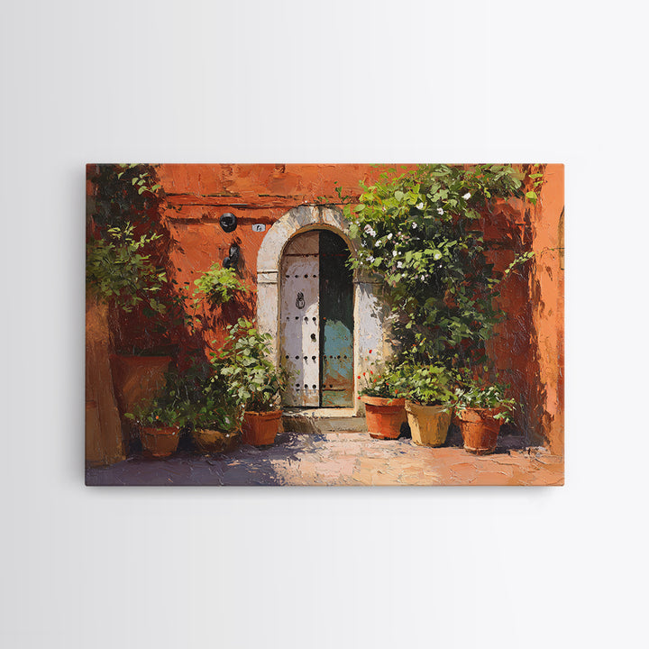 Sunlit Courtyard Doorway Framed Canvas Print, Mediterranean Art, Contemporary Art, Living Room Decor, Oil Painting, Azure, MAR-3x2-63