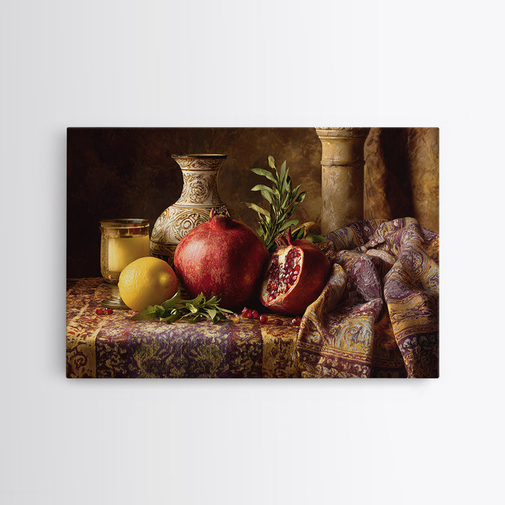 Pomegranate Still Life Framed Canvas Print, Mediterranean Art, Digital Print, Living Room Decor, Watercolor Art, Azure, MAR-3x2-71