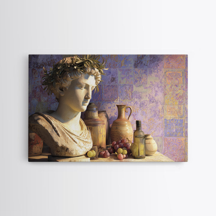 Roman Statue Bust Framed Canvas Print, Mediterranean Art, Farmhouse Decor, Living Room Decor, Oil Painting, Azure, MAR-3x2-74