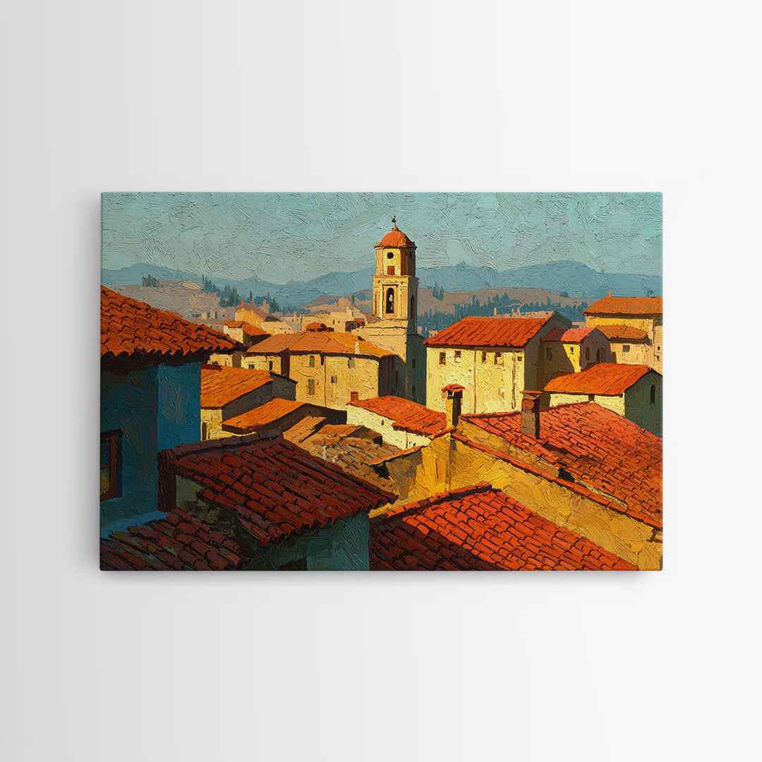 Sunset over Red Tiled Rooftops Canvas Print, Mediterranean Art, Landscape Wall Art, Living Room Decor, Fine Art, Azure, MAR-3x2-75