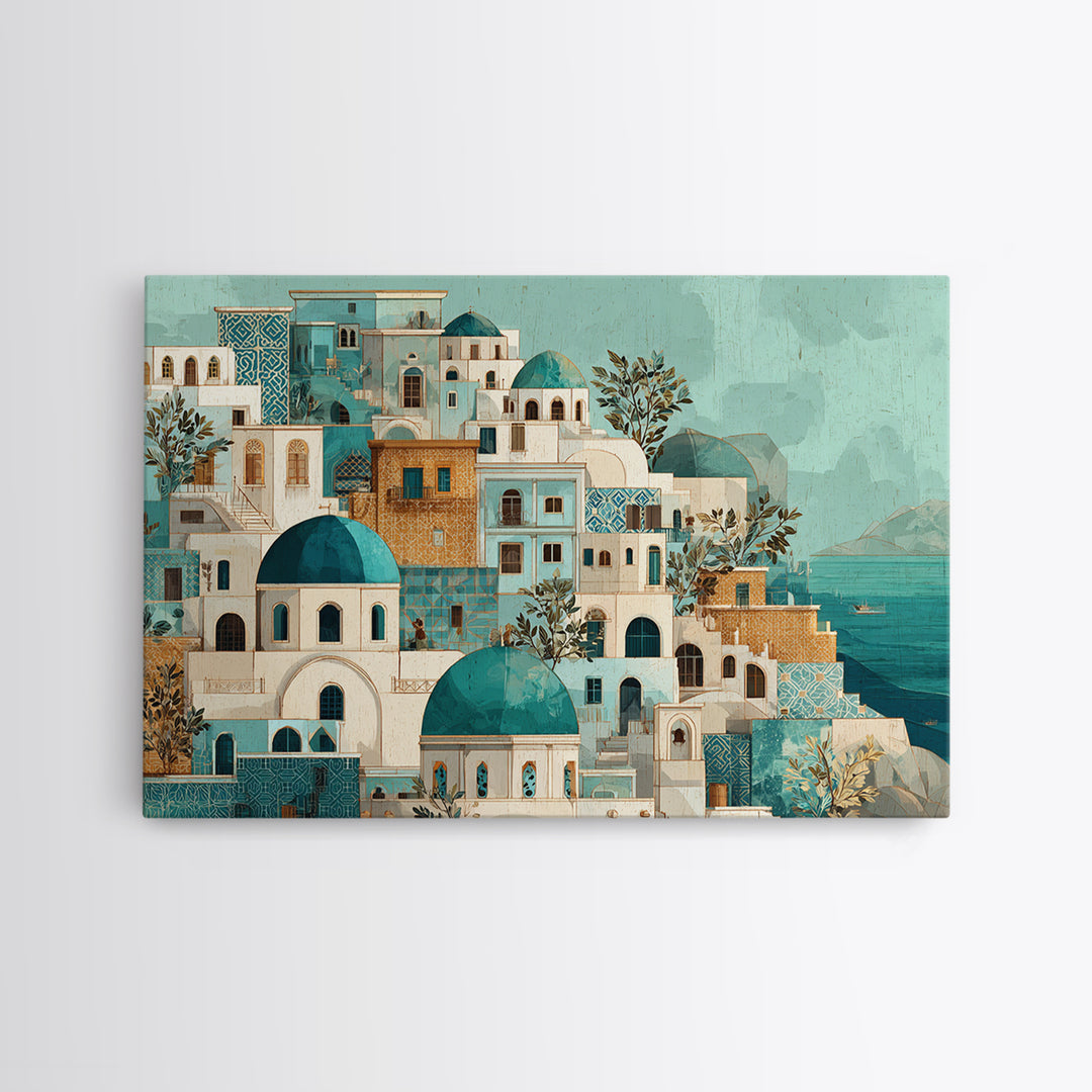 Greek Island White Buildings Above Blue Sea Framed Canvas Print, Mediterranean Art, Coastal Art, Living Room Decor, Azure, MAR-3x2-77