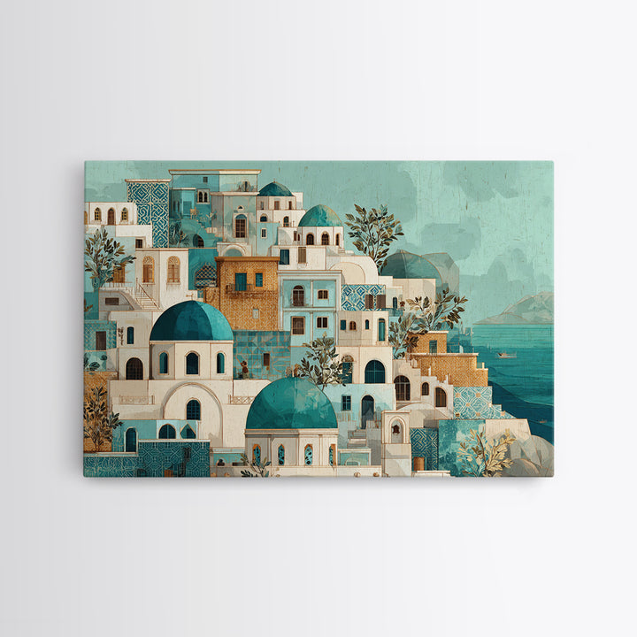 Greek Island White Buildings Above Blue Sea Framed Canvas Print, Mediterranean Art, Coastal Art, Living Room Decor, Azure, MAR-3x2-77