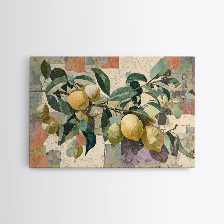 Olive Branch and Lemons on Terracotta Ground Canvas Print, Mediterranean Art, Coastal Wall Art, Living Room Decor, Azure, MAR-3x2-78
