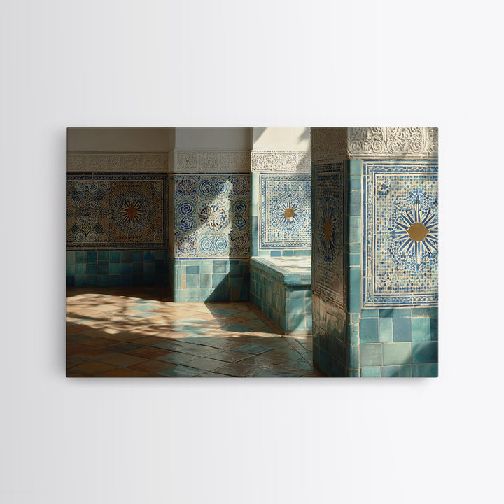 Blue and White Tile Pattern Framed Canvas Print, Mediterranean Art, Original Painting, Living Room Decor, Oil Painting, Azure, MAR-3x2-8