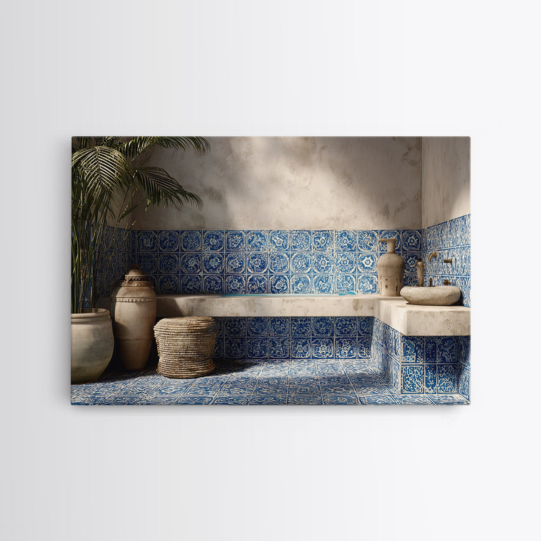 Blue and White Tile Pattern Framed Canvas Print, Mediterranean Art, Landscape Wall Art, Living Room Decor, Watercolor Art, MAR-3x2-80