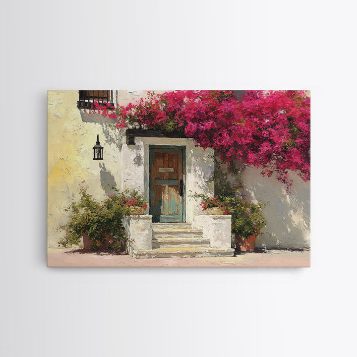 Bougainvillea Cascading over Stone Wall Framed Canvas Print, Mediterranean Art, Watercolor Art, Living Room Decor, Azure, MAR-3x2-81