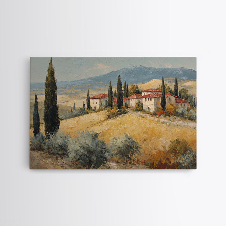 Tuscan Cypress Trees and Golden Hillside Canvas Print, Mediterranean Art, Digital Art Prints, Living Room Decor, Azure, MAR-3x2-82