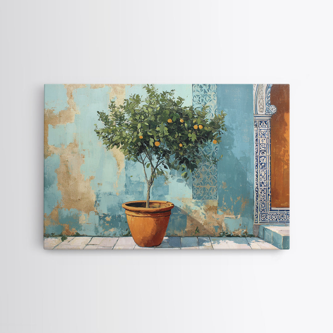 Citrus Tree in Clay Pot Framed Canvas Print, Mediterranean Art, Watercolor Painting, Living Room Decor, Fine Art, Azure, MAR-3x2-86