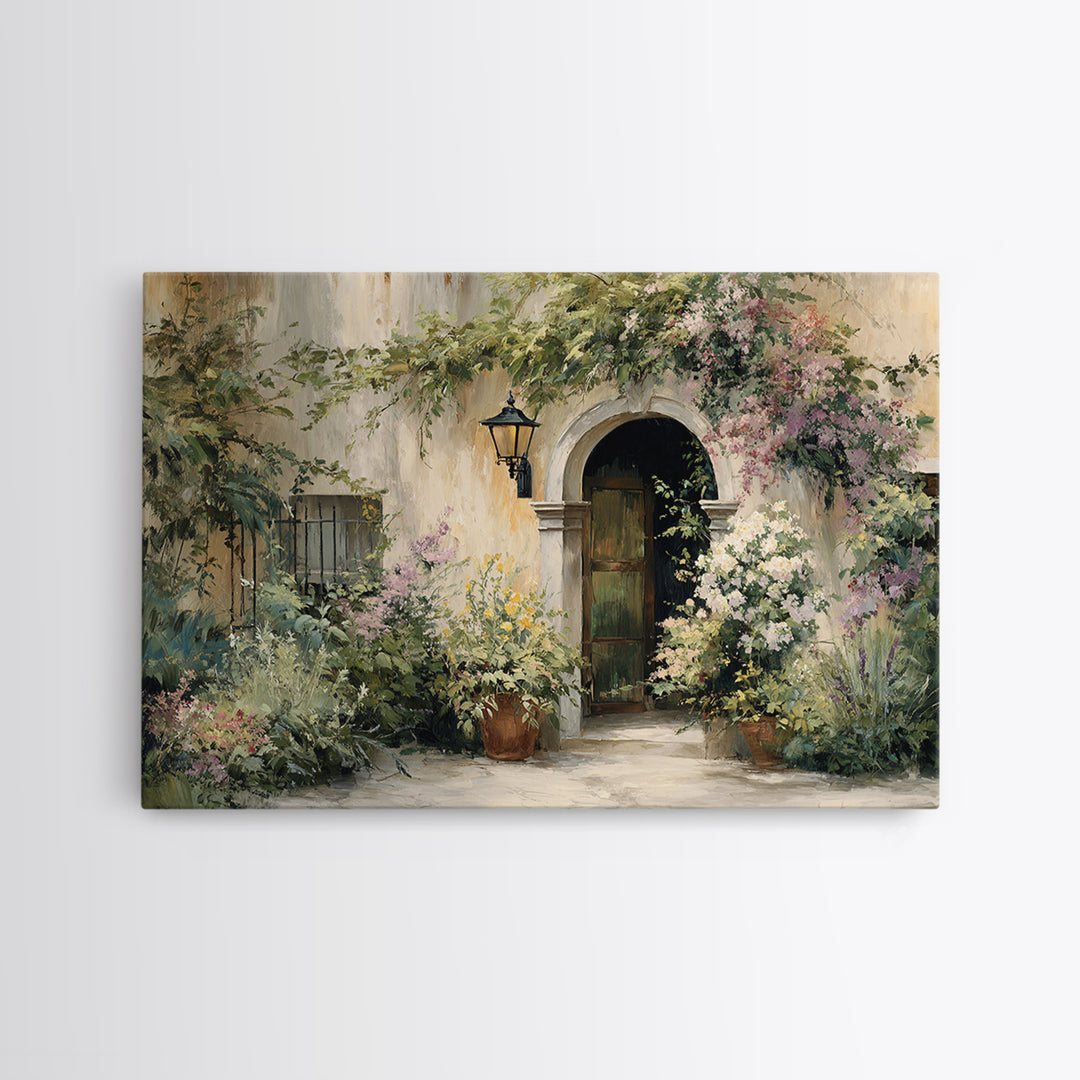 Sunlit Courtyard Doorway Framed Canvas Print, Mediterranean Art, Landscape Painting, Living Room Decor, Fine Art, Azure, MAR-3x2-87