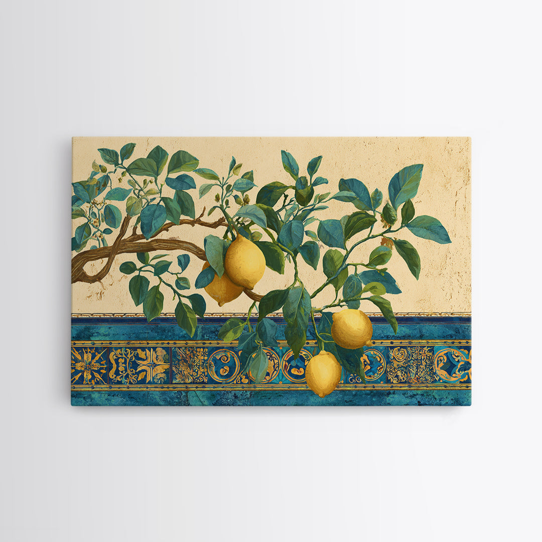 Sicilian Lemon Branch on Ivory Background Canvas Print, Mediterranean Art, Minimalist Wall Art, Living Room Decor, Azure, MAR-3x2-89