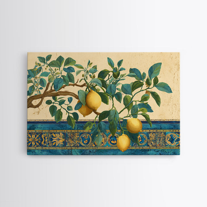 Sicilian Lemon Branch on Ivory Background Canvas Print, Mediterranean Art, Minimalist Wall Art, Living Room Decor, Azure, MAR-3x2-89