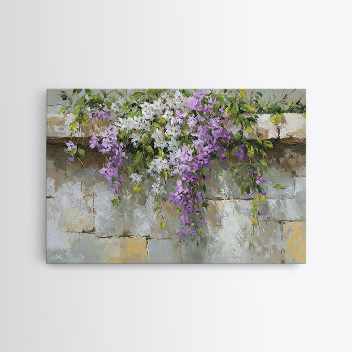 Bougainvillea Cascading over Stone Wall Framed Canvas Print, Mediterranean Art, Digital Print, Living Room Decor, Azure, MAR-3x2-9