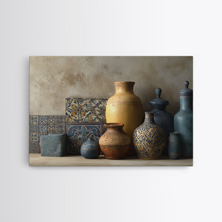 Spanish Tile Ornament Framed Canvas Print, Mediterranean Art, Coastal Wall Decor, Living Room Decor, Fine Art, Azure, MAR-3x2-92