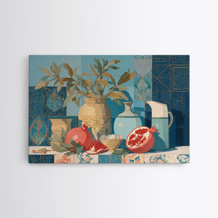 Pomegranate Still Life Framed Canvas Print, Mediterranean Art, Travel Poster, Living Room Decor, Fine Art, Azure, MAR-3x2-95