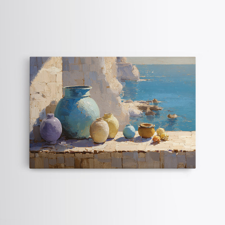 Coastal Cliffs with Sparkling Blue Water Framed Canvas Print, Mediterranean Art, Living Room Art, Living Room Decor, Azure, MAR-3x2-96