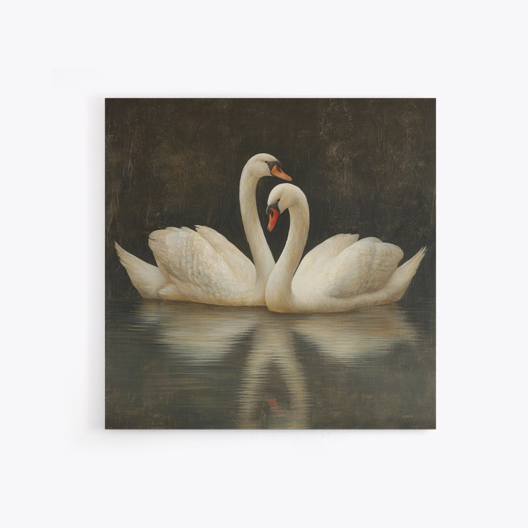 Romantic Swan Pair on Dark Water Canvas Print, Master Bedroom, Farmhouse Wall Decor, Bedroom Decor, Oil Painting, Sanctuary, MAS-1x1-15