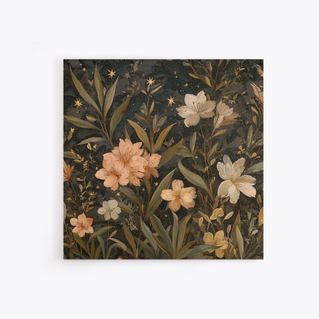 Night Garden with Pale Flowers and Stars Canvas Print, Master Bedroom, Farmhouse Decor, Bedroom Decor, Fine Art, Sanctuary, MAS-1x1-23