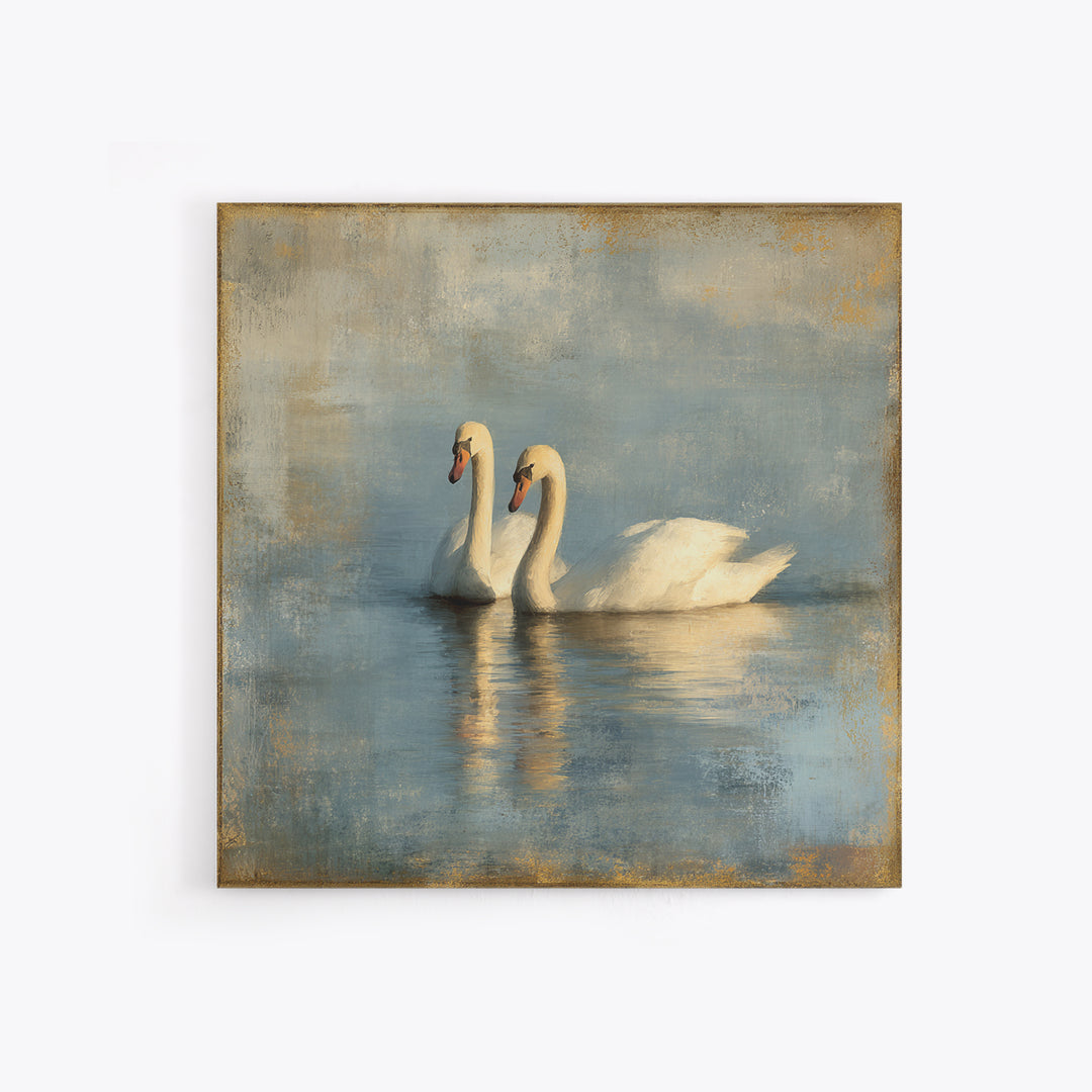 Romantic Swan Pair on Dark Water Framed Canvas Print, Master Bedroom, Living Room Prints, Bedroom Decor, Fine Art, Sanctuary, MAS-1x1-39