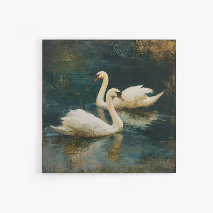 Romantic Swan Pair on Dark Water Framed Canvas Print, Master Bedroom, Neutral Decor, Bedroom Decor, Fine Art, Sanctuary, MAS-1x1-63