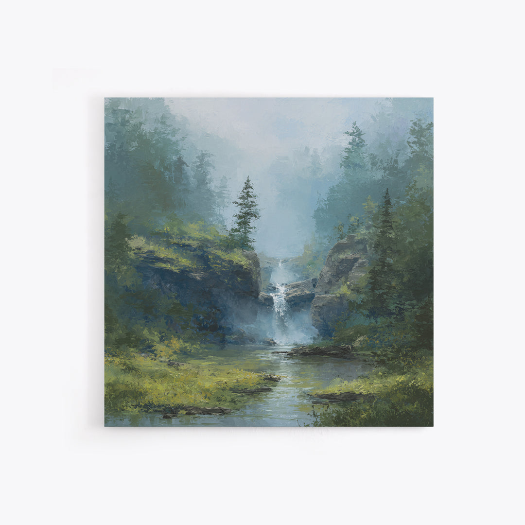 Peaceful Waterfall in Misty Green Forest Framed Canvas Print, Master Bedroom, Modern Decor, Bedroom Decor, Fine Art, Sanctuary, MAS-1x1-67
