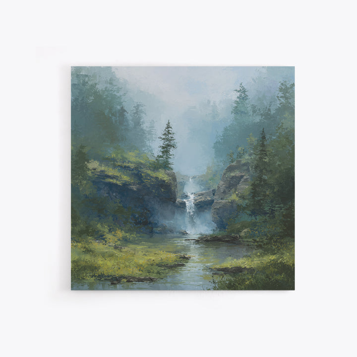 Peaceful Waterfall in Misty Green Forest Framed Canvas Print, Master Bedroom, Modern Decor, Bedroom Decor, Fine Art, Sanctuary, MAS-1x1-67