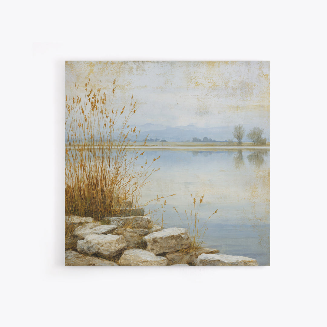 Serene Lake with Pale Morning Reflection Framed Canvas Print, Master Bedroom, Boho Decor, Bedroom Decor, Fine Art, Sanctuary, MAS-1x1-79