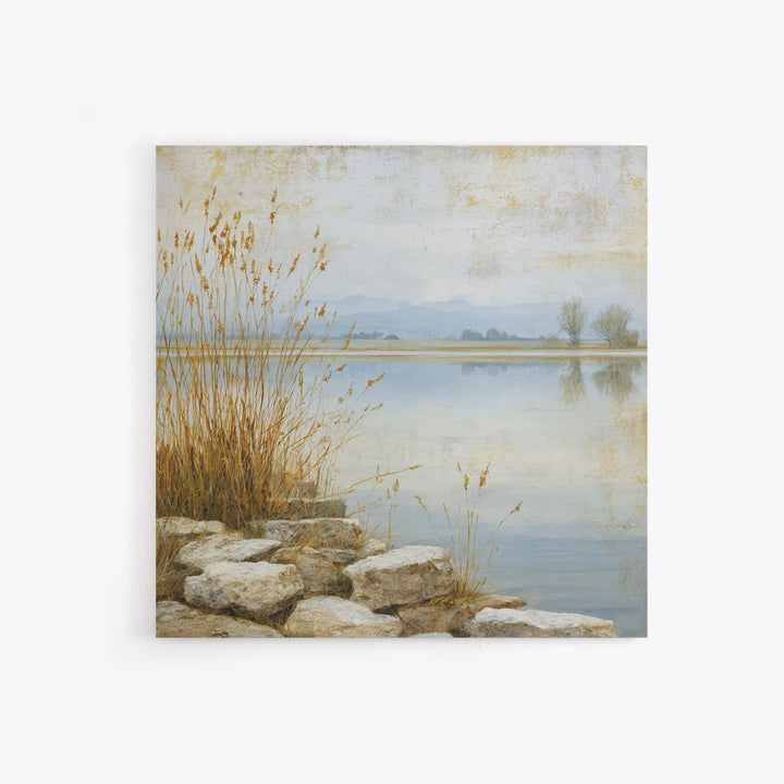 Serene Lake with Pale Morning Reflection Framed Canvas Print, Master Bedroom, Boho Decor, Bedroom Decor, Fine Art, Sanctuary, MAS-1x1-79