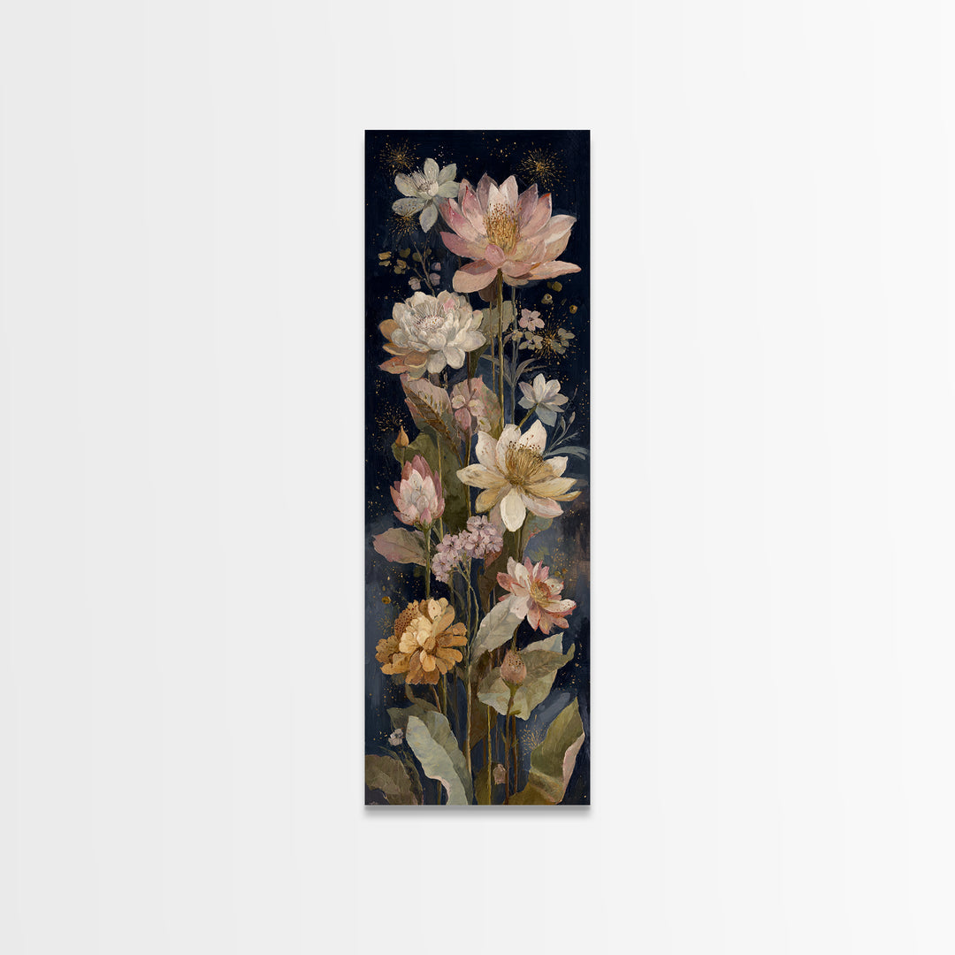 Night Garden with Pale Flowers and Stars Canvas Print, Master Bedroom, Minimalist Wall Art, Bedroom Decor, Fine Art, Sanctuary, MAS-1x3-11