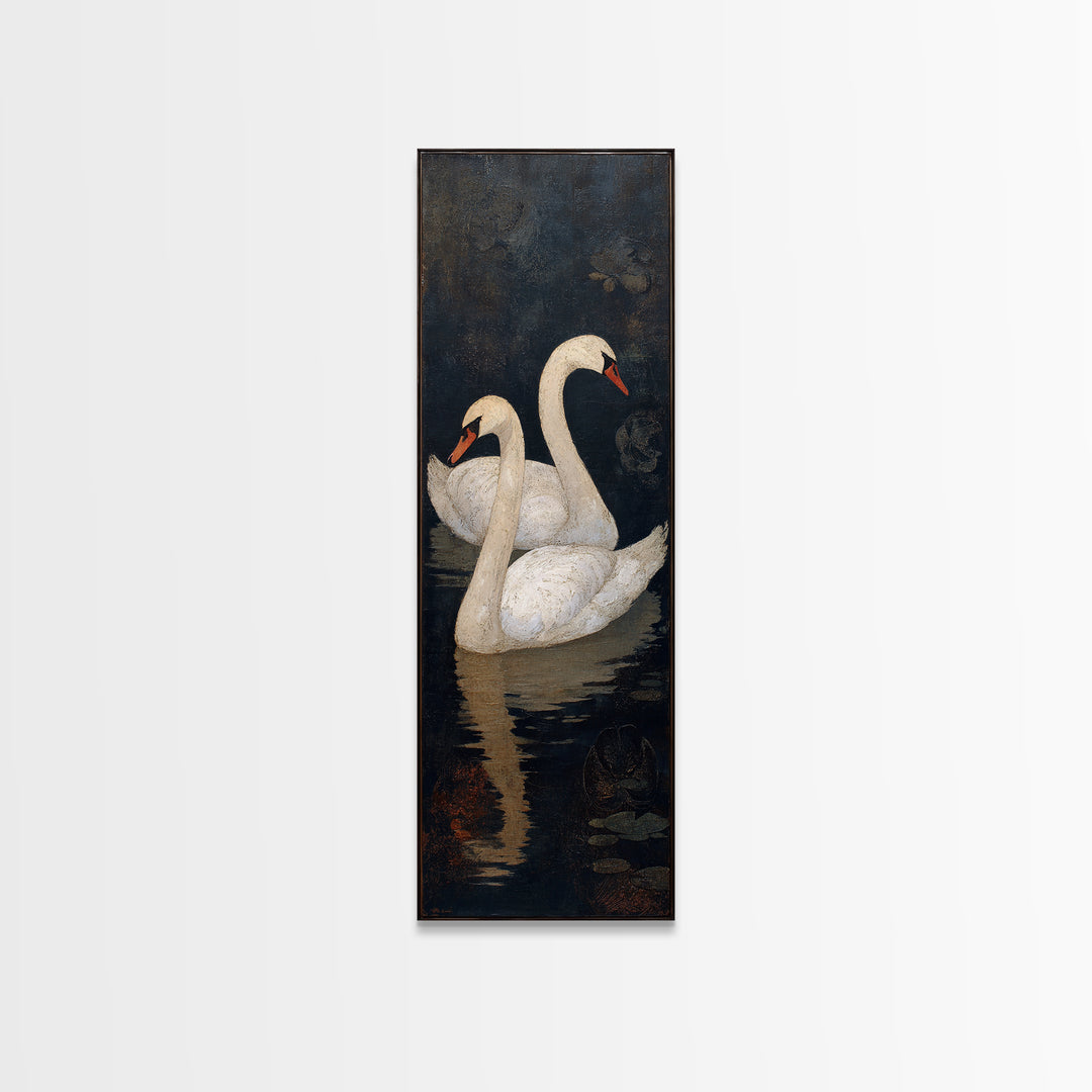 Romantic Swan Pair on Dark Water Framed Canvas Print, Master Bedroom, Wall Decal, Bedroom Decor, Watercolor Art, Sanctuary, MAS-1x3-3