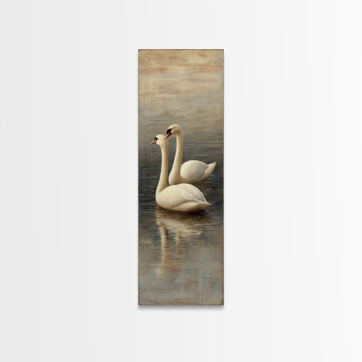 Romantic Swan Pair on Dark Water Framed Canvas Print, Master Bedroom, Neutral Decor, Bedroom Decor, Fine Art, Sanctuary, MAS-1x3-75