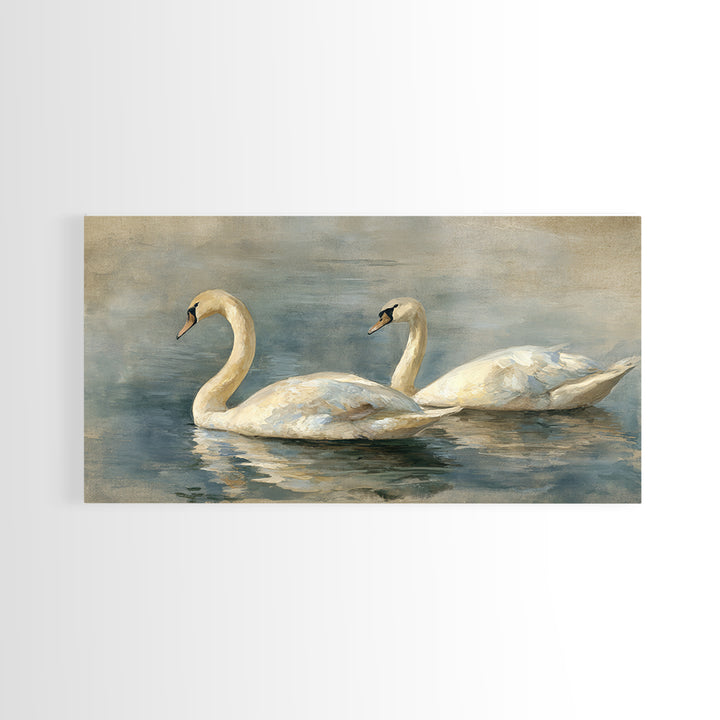 Romantic Swan Pair on Dark Water Framed Canvas Print, Master Bedroom, Living Room Prints, Bedroom Decor, Fine Art, Sanctuary, MAS-2x1-11