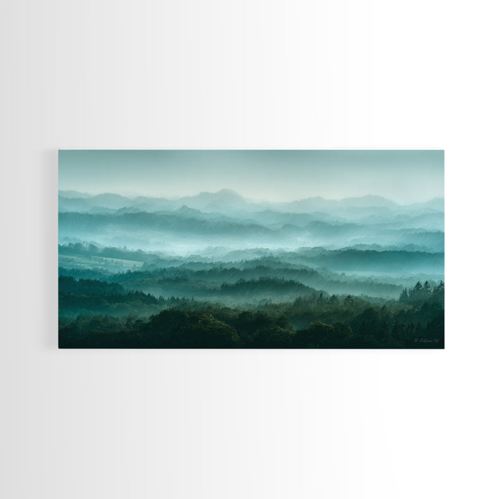 Calm Misty Forest Panorama Framed Canvas Print, Master Bedroom, Minimalist Decor, Bedroom Decor, Oil Painting, Sanctuary, MAS-2x1-24