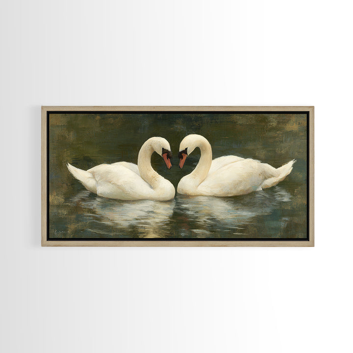 Romantic Swan Pair on Dark Water Framed Canvas Print, Master Bedroom, Wall Art, Bedroom Decor, Oil Painting, Sanctuary, MAS-2x1-35