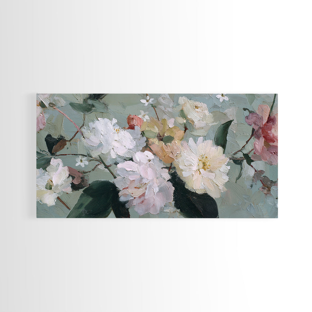 Night Garden with Pale Flowers and Stars Framed Canvas Print, Master Bedroom, Bedroom Decor, Oil Painting, Sanctuary, MAS-2x1-43