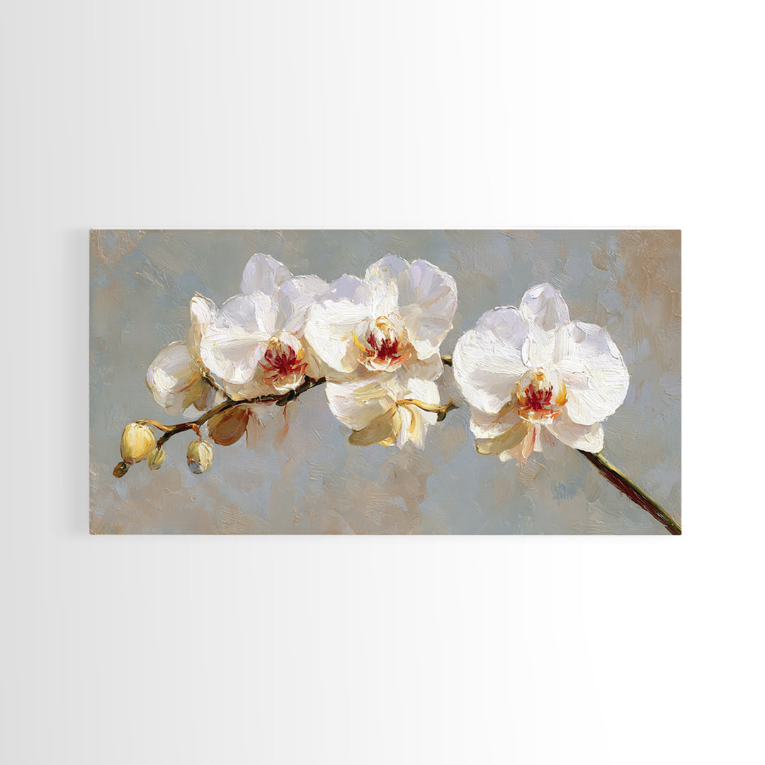 White Orchids Against Warm Gray Background Canvas Print, Master Bedroom, Farmhouse Wall Decor, Bedroom Decor, Oil Painting, MAS-2x1-53