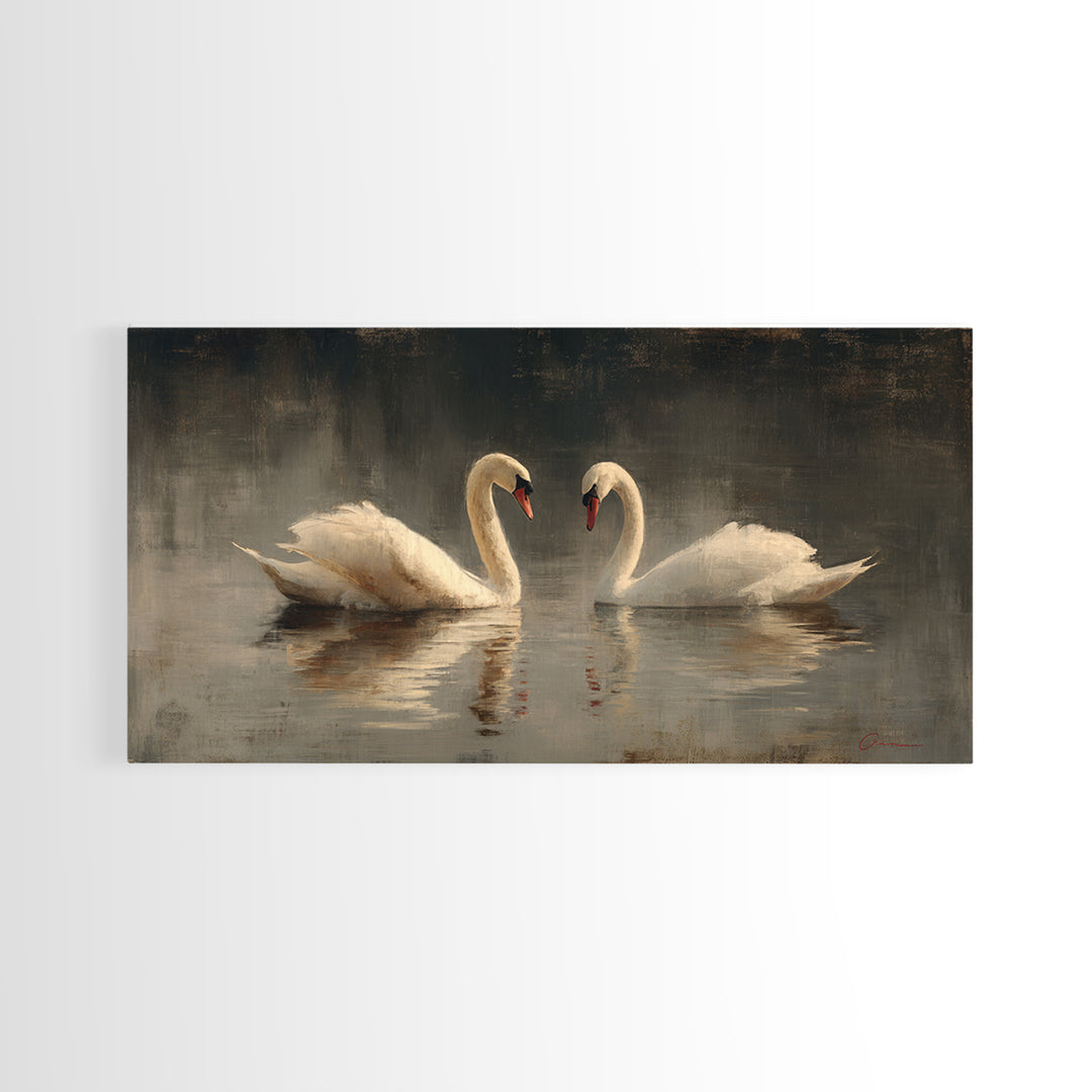 Romantic Swan Pair on Dark Water Framed Canvas Print, Master Bedroom, Bedroom, Bedroom Decor, Watercolor Art, Sanctuary, MAS-2x1-59
